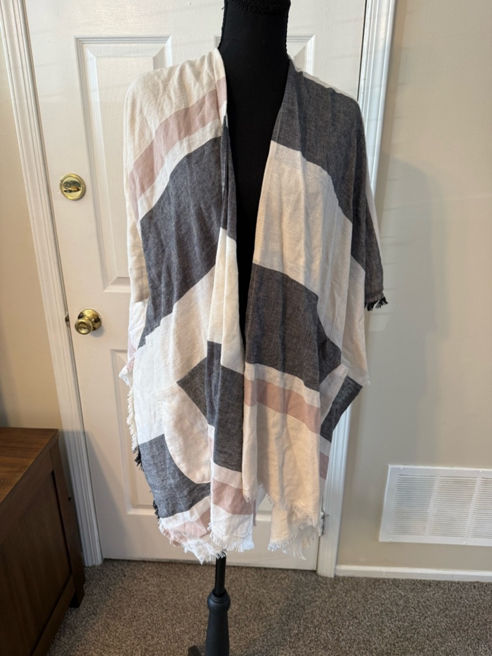 Vince Camuto Open Front Striped Poncho in White, Gray & Blush